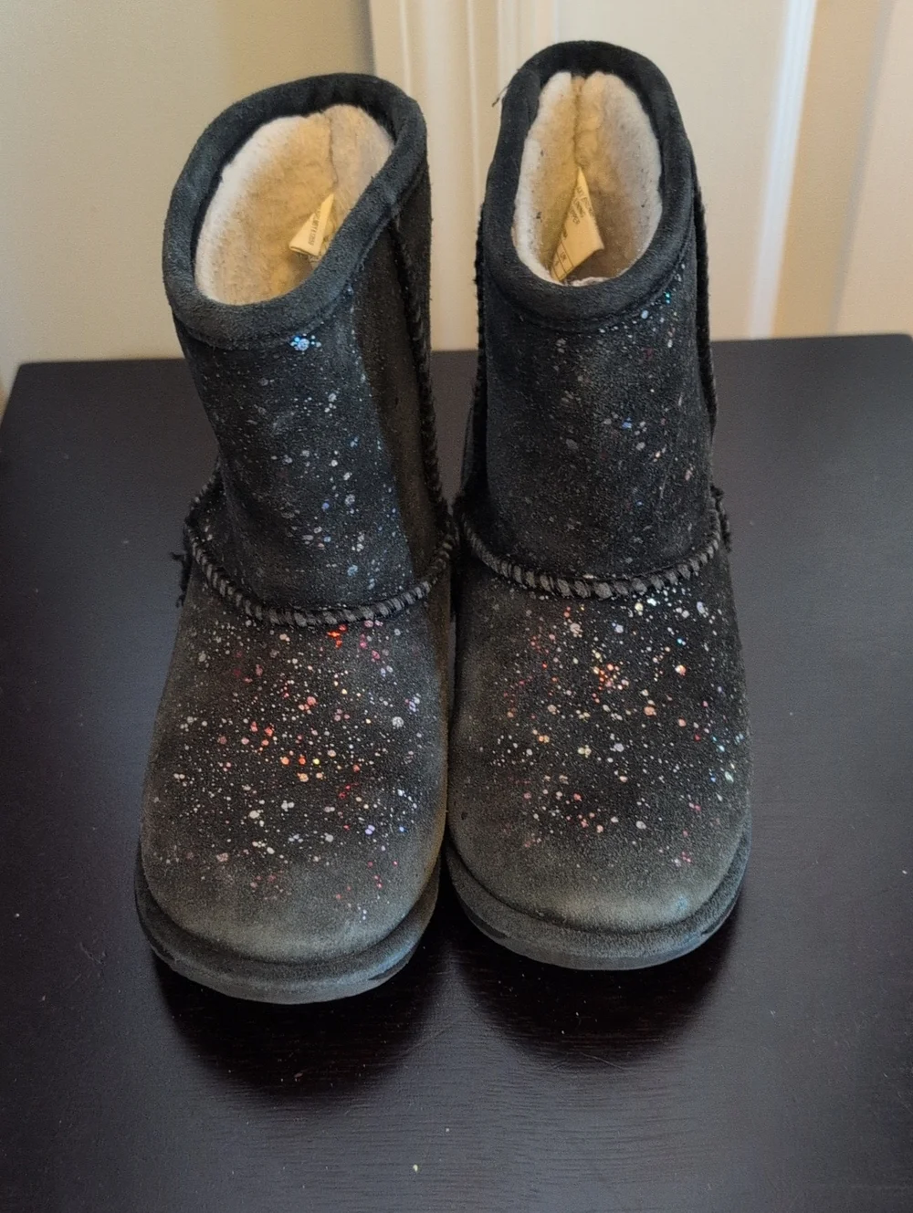 Emu Kids Black Suede Boots with Colorful Paint Speckles